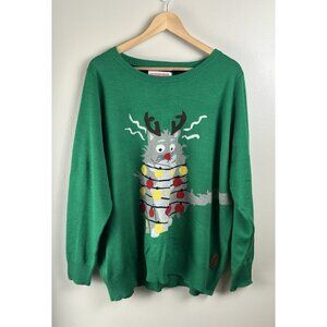Tipsy Elves Women's XXL Christmas Sweater‎ Electorcuted Cat Green Ugly EUC